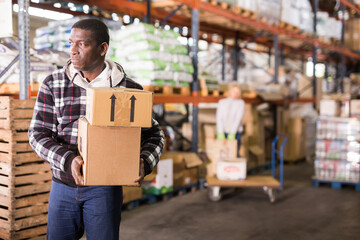 Confident African American warehouse worker carrying carton boxes with goods..