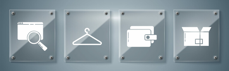 Set Carton cardboard box, Wallet, Hanger wardrobe and Search in a browser window. Square glass panels. Vector