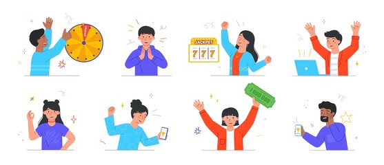 Fototapeta premium Set of happy lucky people celebrating success and victory. Male and female winner achieve goal and rejoice in triumph. Agart games, jackpot. Cartoon flat vector collection isolated on white background