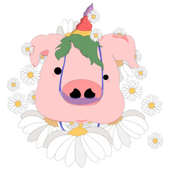 Cerdito con margaritas, flores blancas con amarillo, cuerno de unicornio para camisetas, cuadros, tarjetas o fondo de pantalla