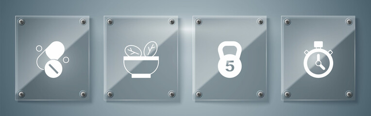 Set Stopwatch, Weight, Salad in bowl and Vitamin pill. Square glass panels. Vector