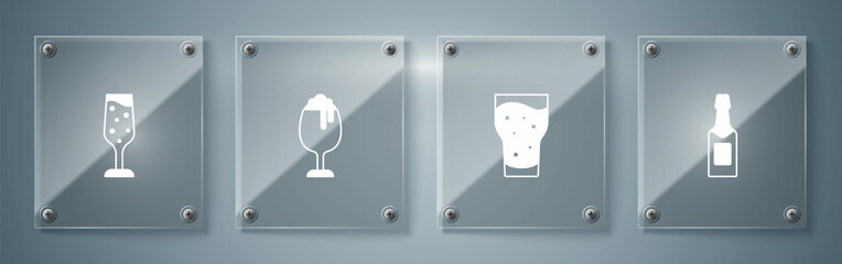 Set Champagne bottle, Glass of beer, and champagne. Square glass panels. Vector