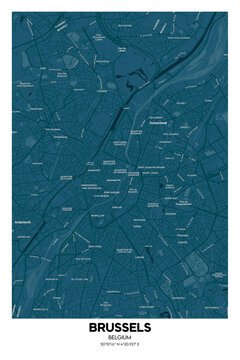 Poster Brussels - Belgium map. Illustration of Brussels - Belgium streets.  Road map.  Transportation network.