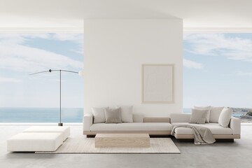 Aesthetic modern minimalist living room with a beige sofa and ocean view from the panoramic windows. Decor bas relief on the wall, capet on concrete floor and white armchair