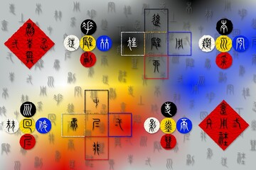 Obraz premium Abstract illustration featuring ancient Chinese characters, colors and shapes