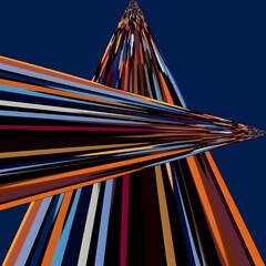Abstract illustration featuring overlapping converging slashes of red, white, yellow, orange and blue, on a deep blue background