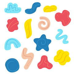 Colorful trendy abstract geometric shape set with modern doodles and bright paint texture. Collage drawing style shapes collection on isolated white background.