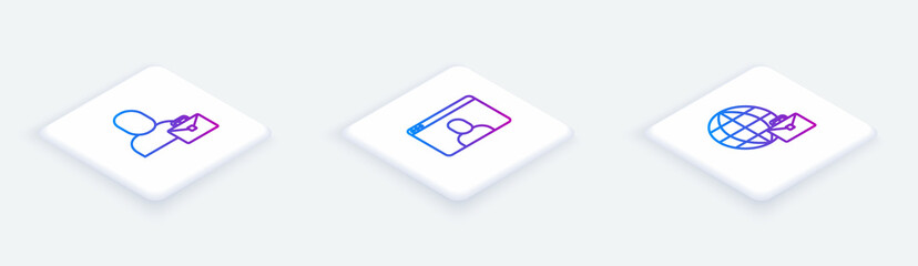 Set Isometric line Freelancer, Video chat conference and Online working. White square button. Vector