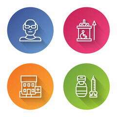 Set line Poor eyesight, Elevator for disabled, Medical hospital building and Syringe. Color circle button. Vector