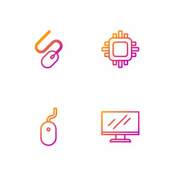 Set line Computer monitor screen, mouse, and Processor with CPU. Gradient color icons. Vector
