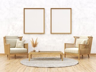 Mock up poster frames with two wooden armchairs in modern interior background 3D