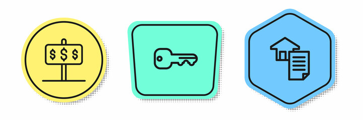 Set line House with dollar, key and contract. Colored shapes. Vector