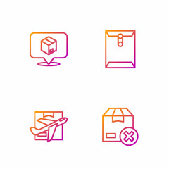 Set line Carton cardboard box, Plane and, Location with and Envelope. Gradient color icons. Vector