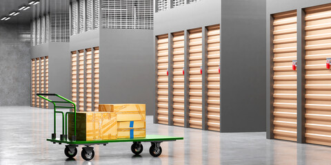 Storage company interior. Corridors with doors in Storage Units. Trolley with boxes is wrapped with adhesive tape. Warehouse rental company. Storage Units territory without anyone. 3d rendering.
