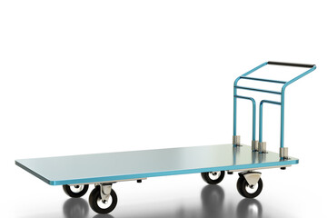 Empty cargo cart. Visualization of four-wheeled cargo trolley. Large trolley for industrial company. Trolley for loading or unloading. Steel warehouse cart isolated on white. 3d rendering. © Grispb