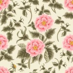 Tuinposter Vintage aesthetic garden rosa canina flower vector seamless pattern design for fabric, paper, background decoration, greeting card, or wedding invitation © Artflorara