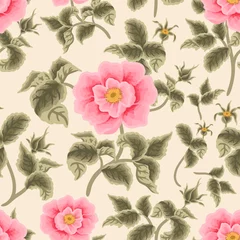 Fotobehang Vintage aesthetic garden rosa canina flower vector seamless pattern design for fabric, paper, background decoration, greeting card, or wedding invitation © Artflorara