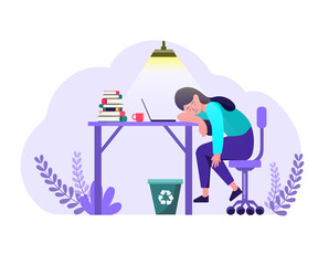 Flat illustration. Office work fatigue concept. cause depression, stress, boredom, anxiety from working overload.