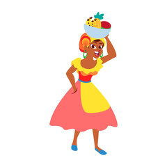 Palenquera Colombian woman with fruit basket on her head Vector illustration