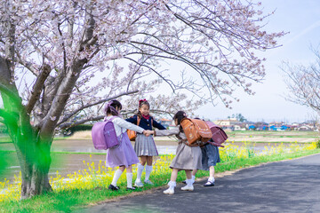 登下校中に通学路で遊ぶ小学生の女の子たち