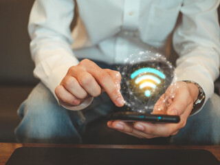 businessman boss manager pointing finger hand touchscreen mobile smartphone tablet  electronic technology digital wireless wifi cellular connection network online communicate message shopping payment 