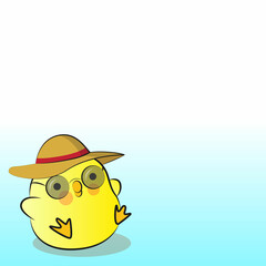 Cute round chicken in a hat and glasses on the sea.