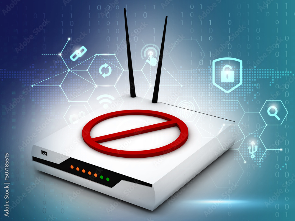 Poster 3d rendering wifi modem with stop sign in digital background