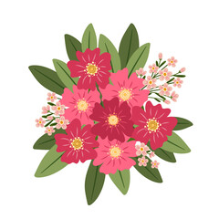 Bukiet - różowe kwitnące kwiaty z małymi kwiatami i liśćmi w różowym i czerwonym kolorze. Kwiatowa botaniczna kompozycja. Ilustracja wektorowa.