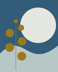 Background of random shapes symbolizing a shining moon in the dark sky with a small spike of wheat in the front