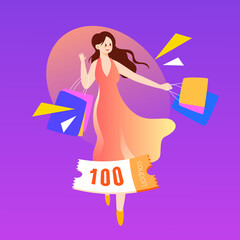 Girl is shopping with shopping bags, 618 e-commerce shopping festival, vector illustration