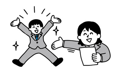 スーツを着た若い女性に推薦・採用・選ばれるスーツを着た若い男性（シンプル）