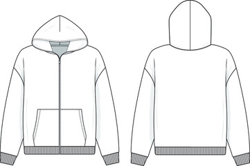 Zip up hoodie sweatshirt flat technical drawing illustration mock-up template for design and tech packs men or unisex fashion CAD streetwear women.	
