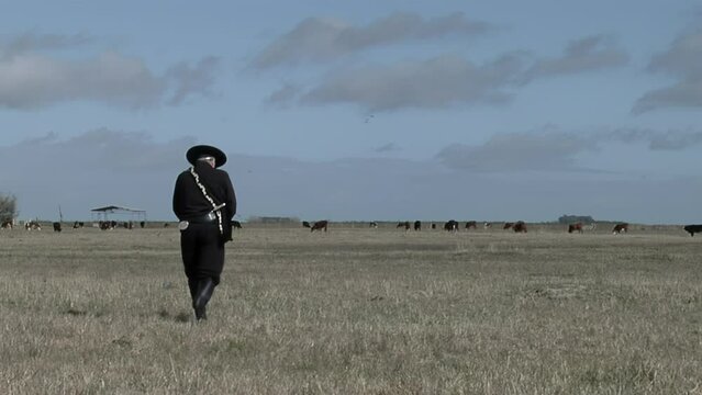 Argentine Gaucho Walking in the Countryside in Buenos Aires Province, Argentina. 