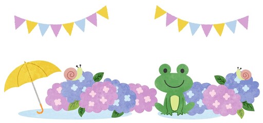 梅雨・雨の日の紫陽花とカエルのフレームイラスト素材