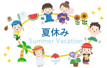 夏休みを楽しむ子供たちの手描き風イラストフレーム素材