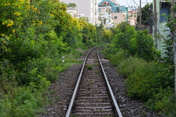Fototapeta na wymiar Railway line through urban area with green trees and houses and buildings in the background