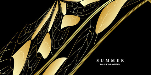Luxury black gold background with gold leaves