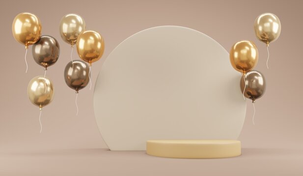 3D rendering concept of balloon luxury beige color theme with podium display for advertising on background for commercial design. 3D render cartoon illustration.