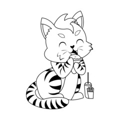 Fototapeta na wymiar Isolated happy cute cat character eating fast food Vector illustration