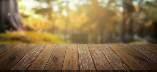 wooden table in front of abstract blurred Nature background.