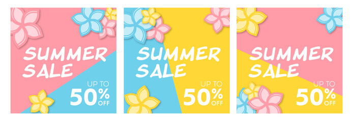 Summer sale banner vector set. Pastel flower designs. Sale advertising artwork material. Blue, yellow, pink pastel color colours.
