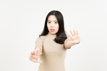 Rejection Hand Gesture Of Beautiful Asian Woman Isolated On White Background