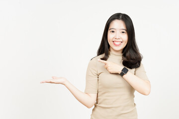 Showing and Presenting Product on Open Palm Of Beautiful Asian Woman Isolated On White Background
