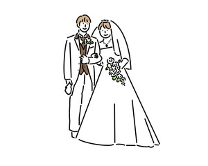 結婚式の新郎新婦が腕を組んで入場