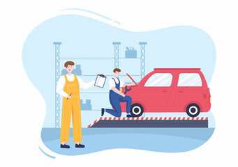 Car Inspection of The Station Detects Faults, Draws up a Checklist of All Breakdowns, Repair and Analysis Transport in Flat Cartoon Illustration