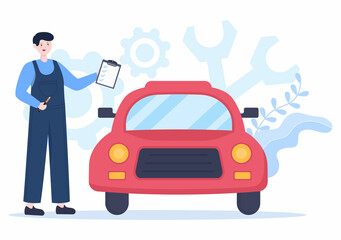 Car Inspection of The Station Detects Faults, Draws up a Checklist of All Breakdowns, Repair and Analysis Transport in Flat Cartoon Illustration