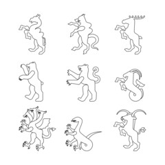 Heraldic animal set linear style. Panther, camel. Goat, Hydra and Enfield. Fox, wolf and Alphyn. Deer, camel and Yale. Salamndra, goat and Amphiptere. Fantastic Beast.  Heraldry design element.