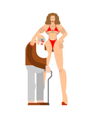 Old man and young mistress. Grandfather and young woman