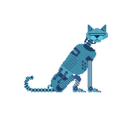 Robot cat pixel art. 8 bit Cyborg cat. pixelated Robotic iron pet. Vector illustration
