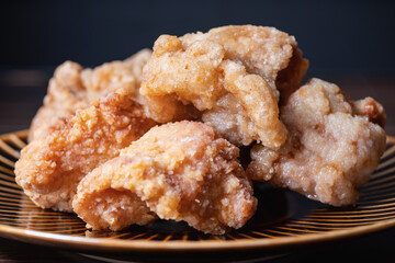 熱々の揚げたての唐揚げのクローズアップ。油で揚げた美味しい鶏肉料理。